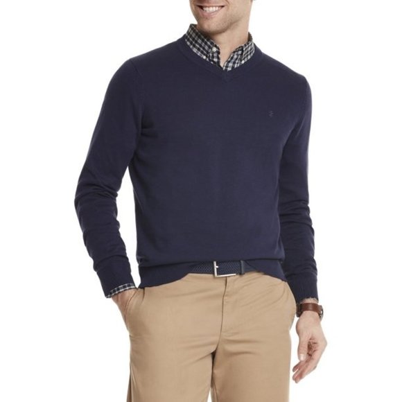Izod Men's Premium Essentials Classic Fit V-Neck Sweater Navy Blue Size L - Picture 1 of 4